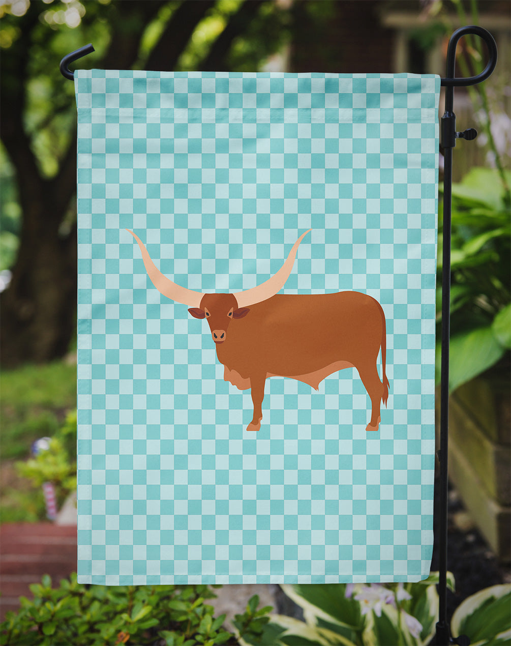 Ankole-Watusu Cow Blue Check Garden Flag Mailbox Decorative Yard Banner Outside Patio Artwork for Flower Beds, Garden Size, Multicolor