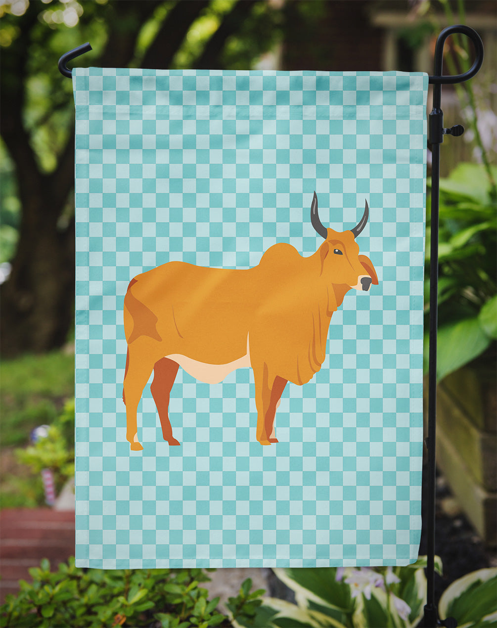 Zebu Indicine Cow Blue Check Garden Flag Mailbox Decorative Yard Banner Outside Patio Artwork for Flower Beds, Garden Size, Multicolor