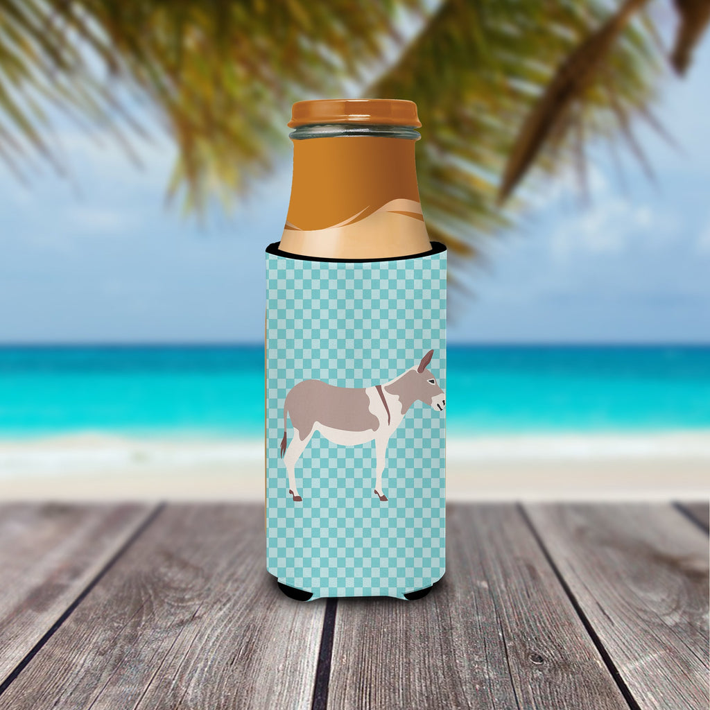 Australian Teamster Donkey Blue Check Slim Can Hugger , Insulated Foam Hugger for 12 oz Slim Cans, Beer Bottles & Water Bottles, Printed in USA