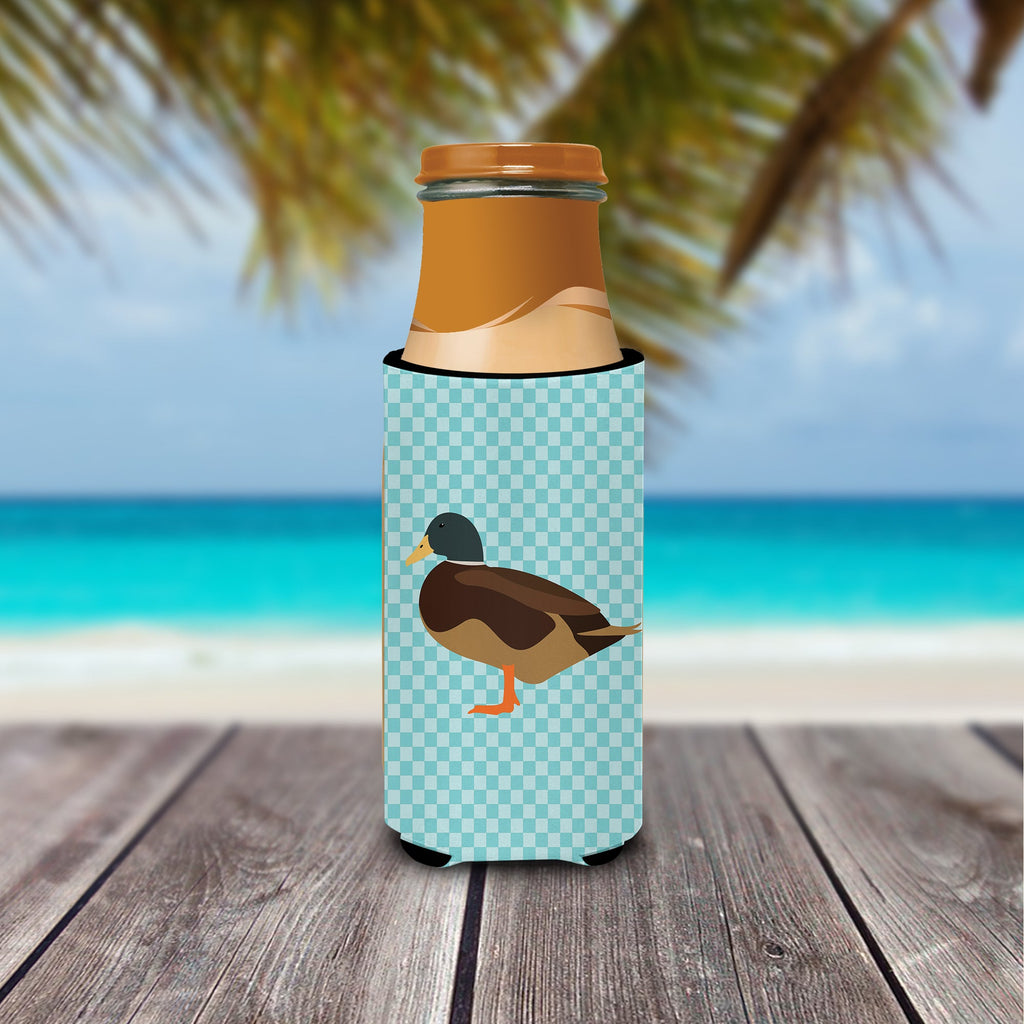Silver Bantam Duck Blue Check Slim Can Hugger , Insulated Foam Hugger for 12 oz Slim Cans, Beer Bottles & Water Bottles, Printed in USA