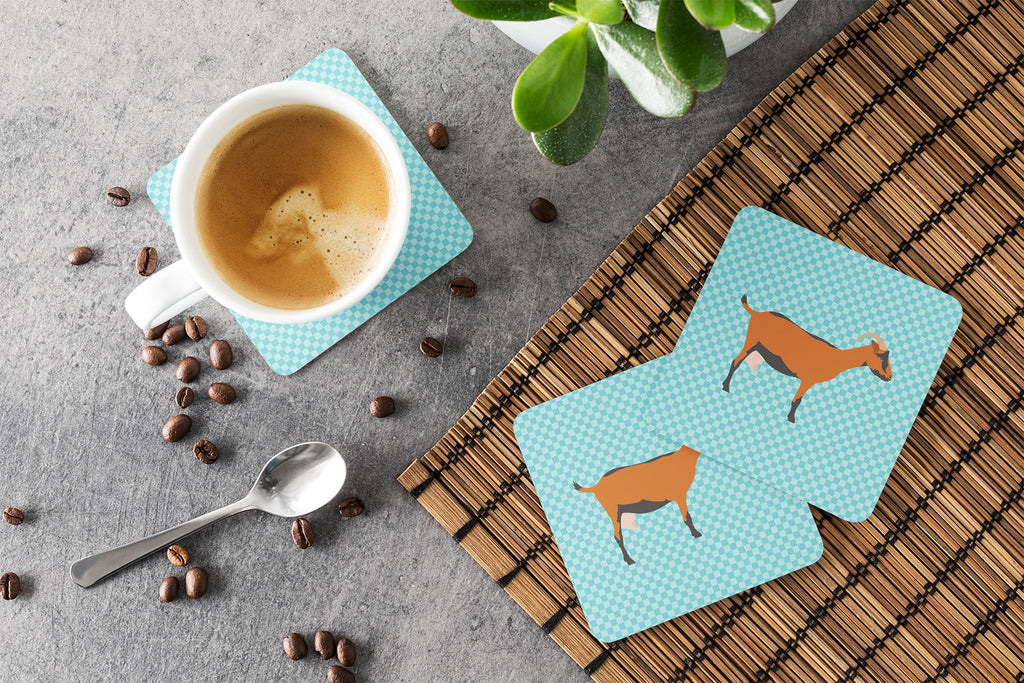Oberhasli Goat Blue Check Foam Coasters Set of 4 Cup Coasters for Indoor Outdoor, Tabletop Protection, Anti Slip, Mouse pad Material