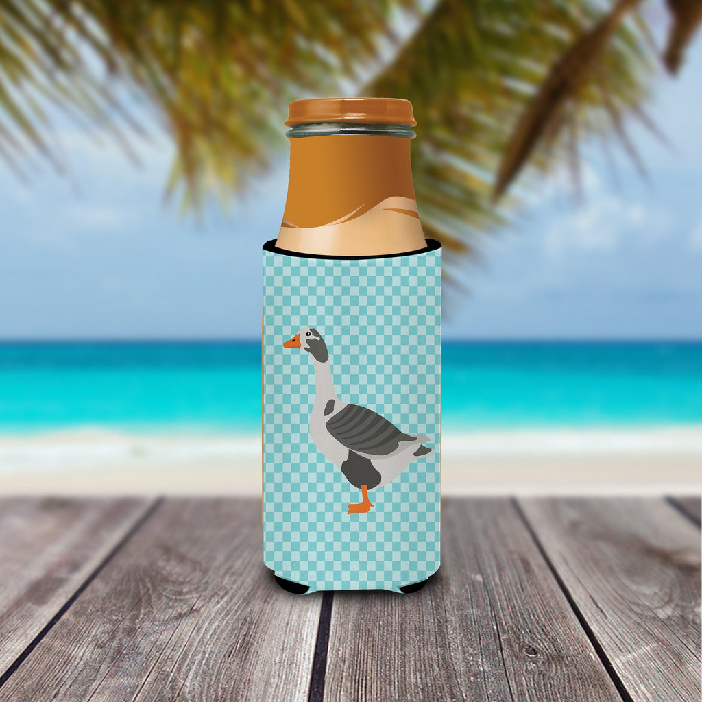 West of England Goose Blue Check Slim Can Hugger , Insulated Foam Hugger for 12 oz Slim Cans, Beer Bottles & Water Bottles, Printed in USA