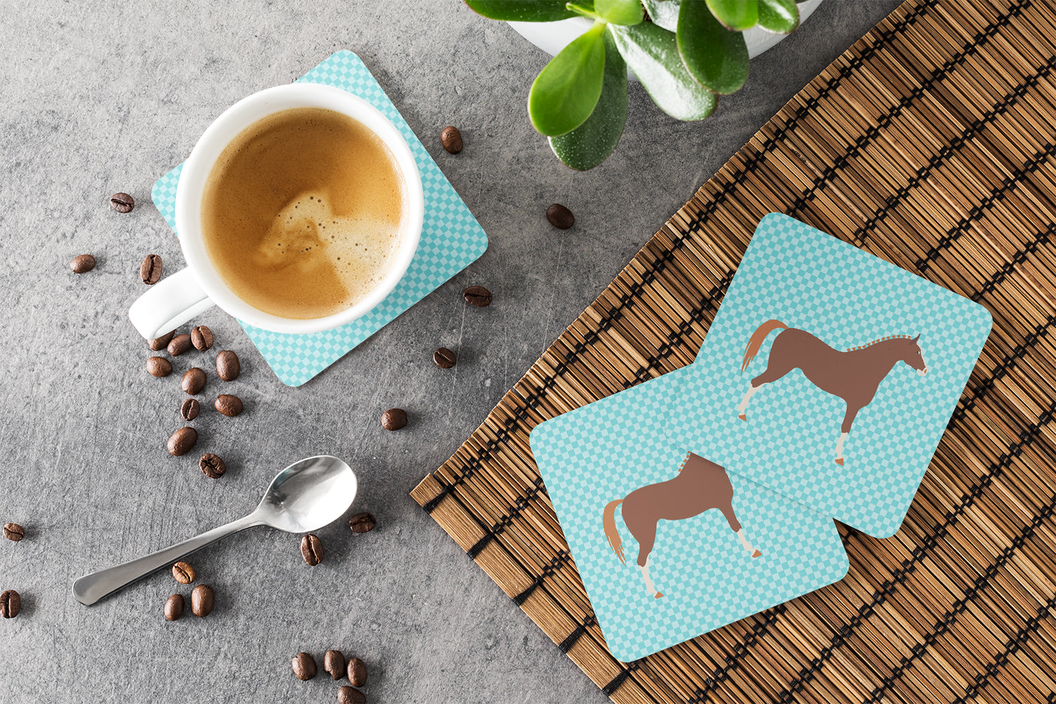 Hannoverian Horse Blue Check Foam Coasters Set of 4 Cup Coasters for Indoor Outdoor, Tabletop Protection, Anti Slip, Mouse pad Material