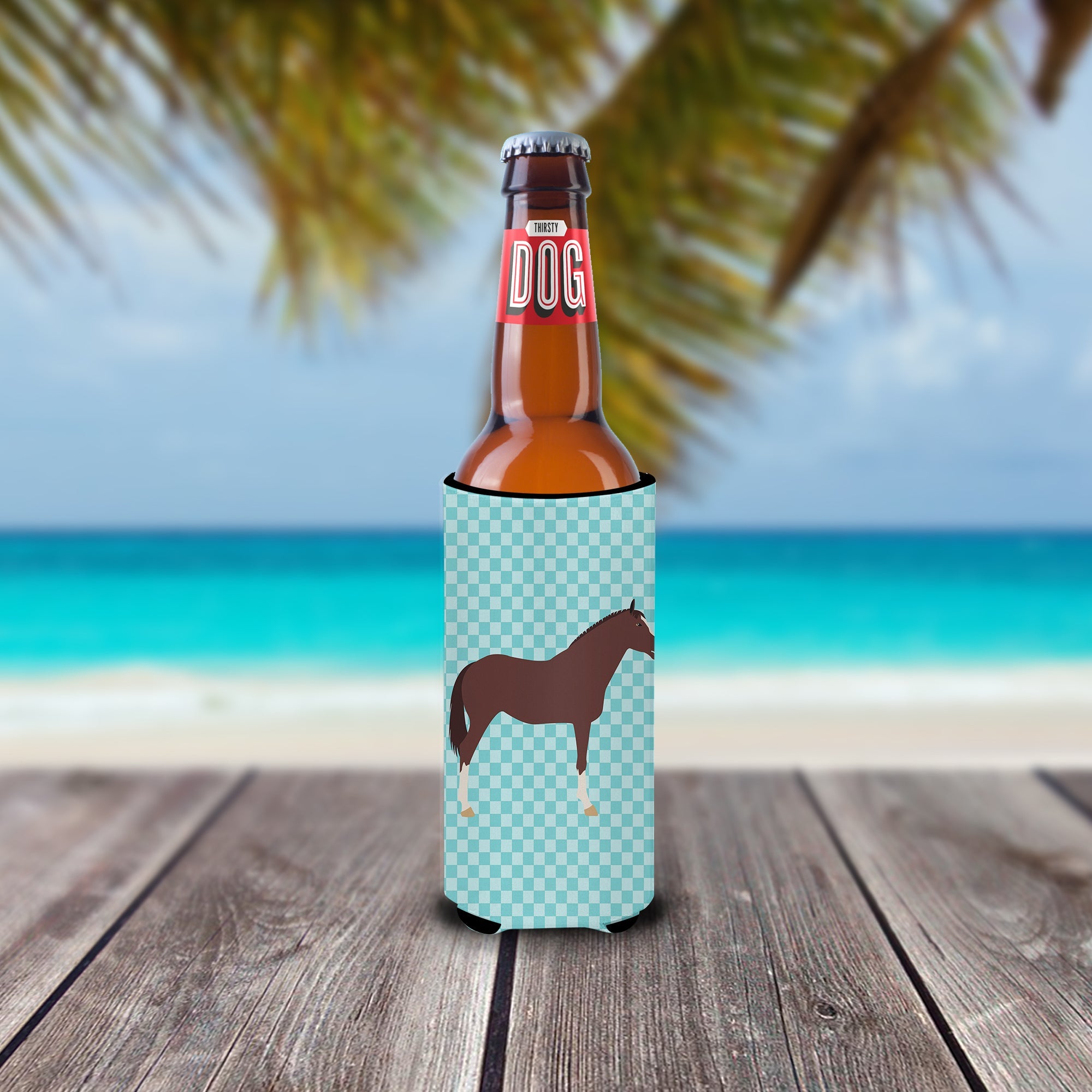 English Thoroughbred Horse Blue Check Slim Can Hugger , Insulated Foam Hugger for 12 oz Slim Cans, Beer Bottles & Water Bottles, Printed in USA