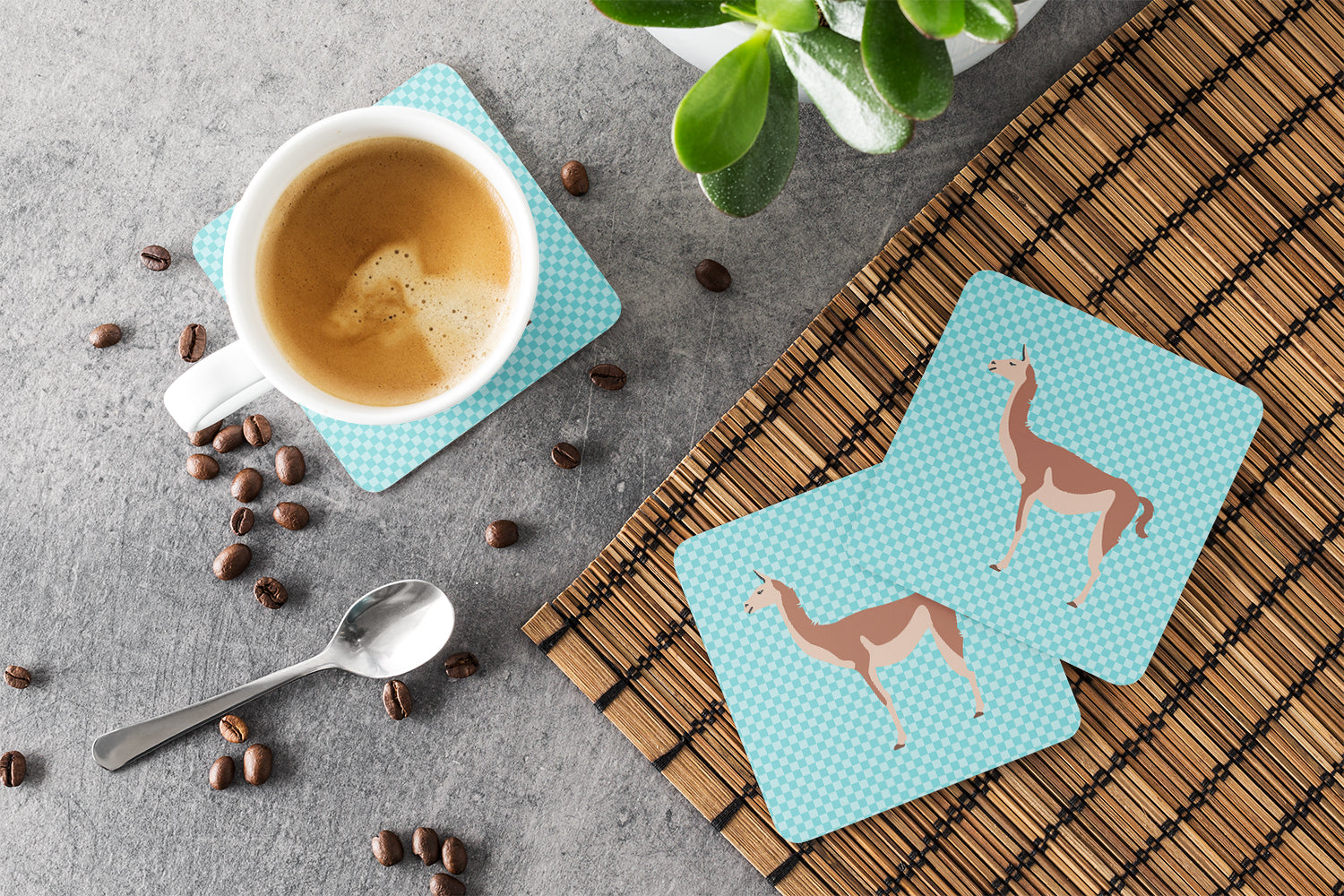 Guanaco Blue Check Foam Coasters Set of 4 Cup Coasters for Indoor Outdoor, Tabletop Protection, Anti Slip, Mouse pad Material