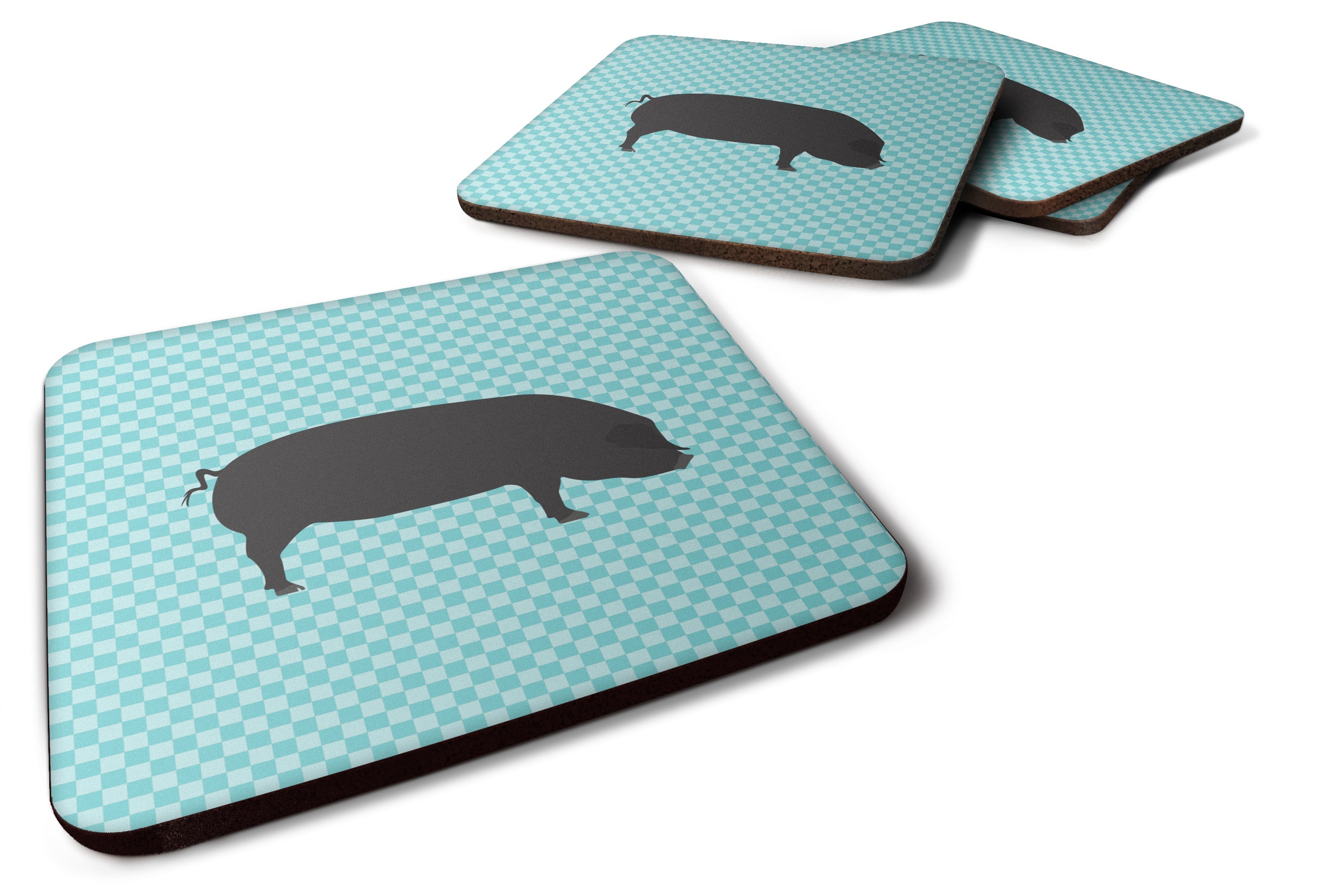 Devon Large Black Pig Blue Check Foam Coasters Set of 4 Cup Coasters for Indoor Outdoor, Tabletop Protection, Anti Slip, Mouse pad Material
