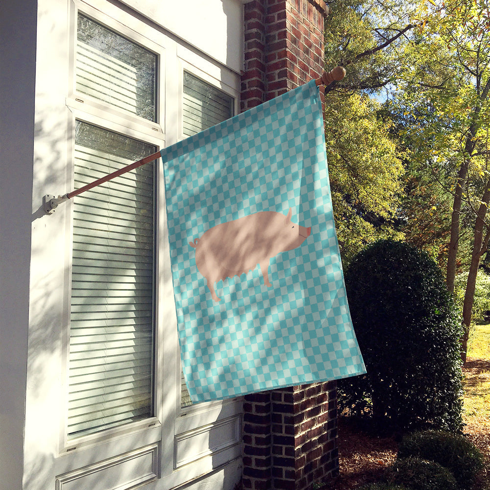 English Large White Pig Blue Check House Flag 28x40 Porch Sleeve Pole Decorative Outside Yard Banner Artwork Wall Hanging, Polyester