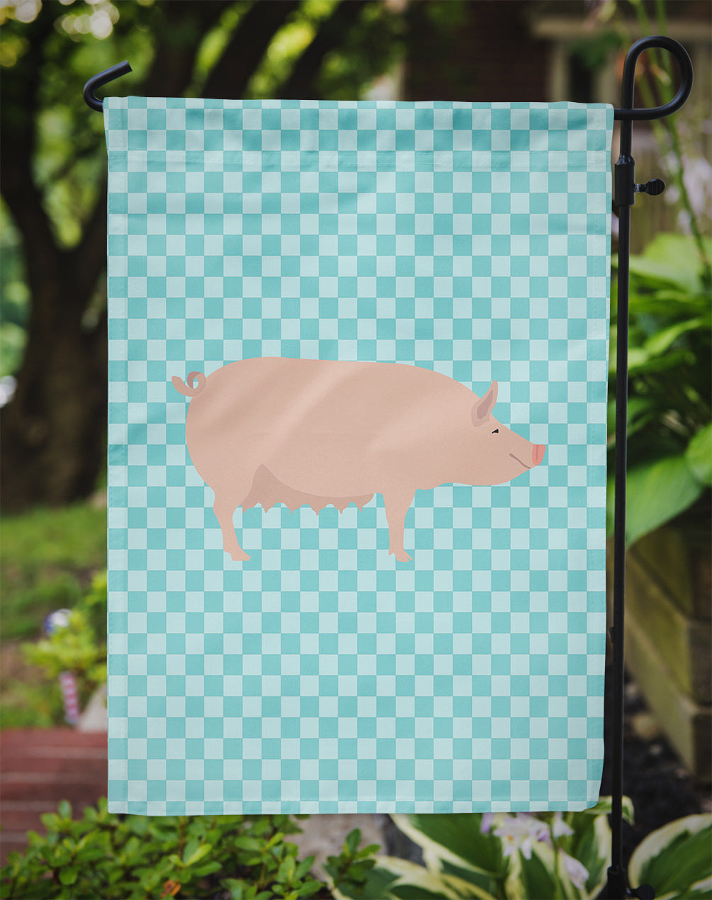 English Large White Pig Blue Check Garden Flag Mailbox Decorative Yard Banner Outside Patio Artwork for Flower Beds, Garden Size, Multicolor