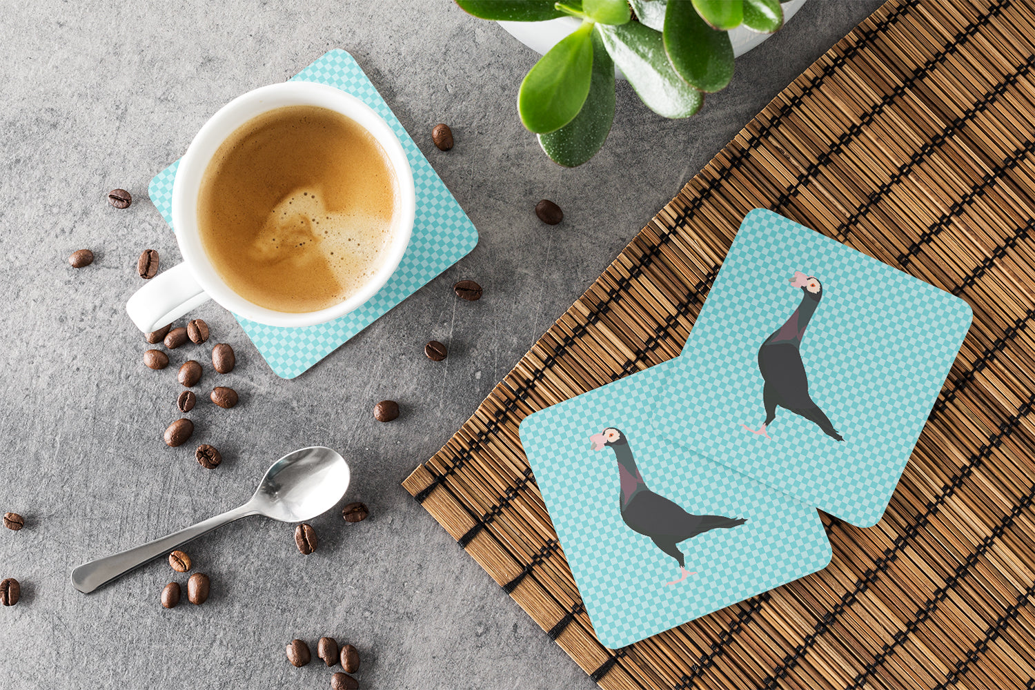 English Carrier Pigeon Blue Check Foam Coasters Set of 4 Cup Coasters for Indoor Outdoor, Tabletop Protection, Anti Slip, Mouse pad Material