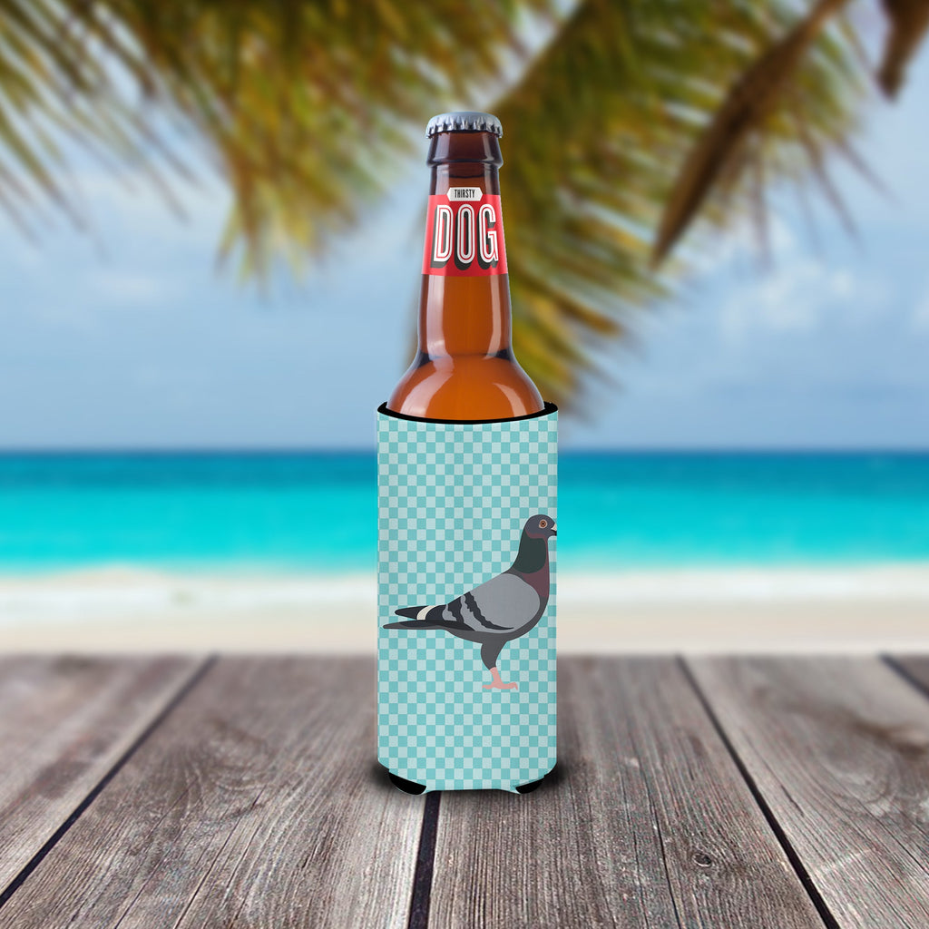 Racing Pigeon Blue Check Slim Can Hugger , Insulated Foam Hugger for 12 oz Slim Cans, Beer Bottles & Water Bottles, Printed in USA