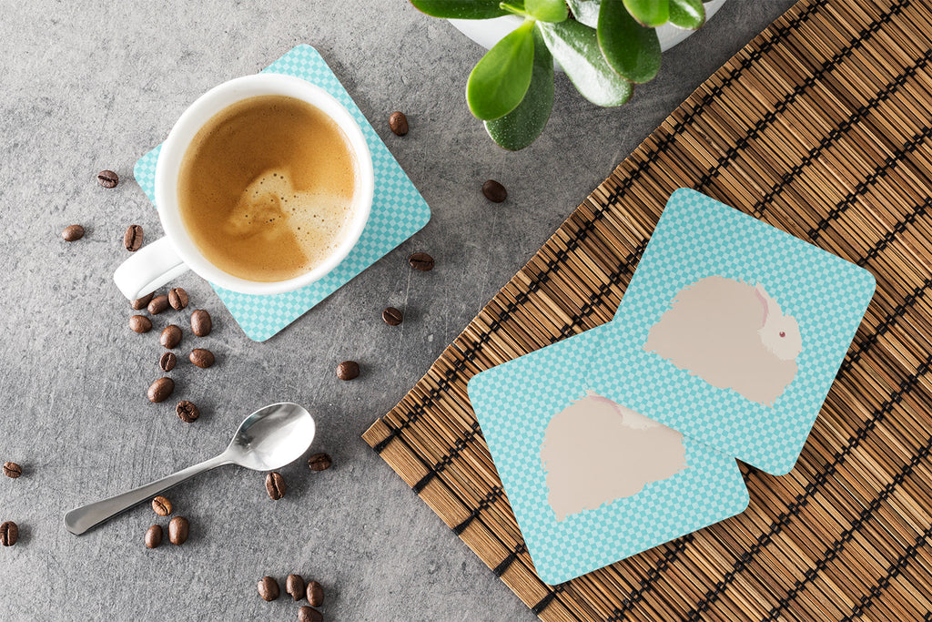 Fluffy Angora Rabbit Blue Check Foam Coasters Set of 4 Cup Coasters for Indoor Outdoor, Tabletop Protection, Anti Slip, Mouse pad Material