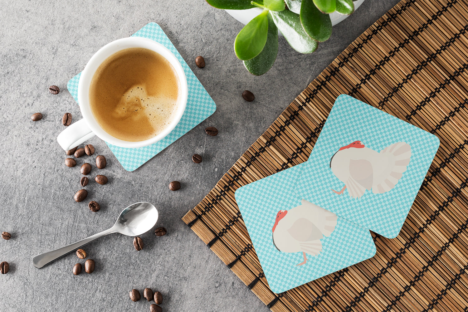 White Holland Turkey Blue Check Foam Coasters Set of 4 Cup Coasters for Indoor Outdoor, Tabletop Protection, Anti Slip, Mouse pad Material