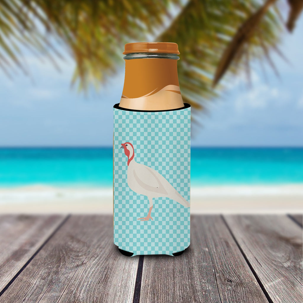 Beltsville Small White Turkey Hen Blue Check Slim Can Hugger , Insulated Foam Hugger for 12 oz Slim Cans, Beer Bottles & Water Bottles, Printed in USA