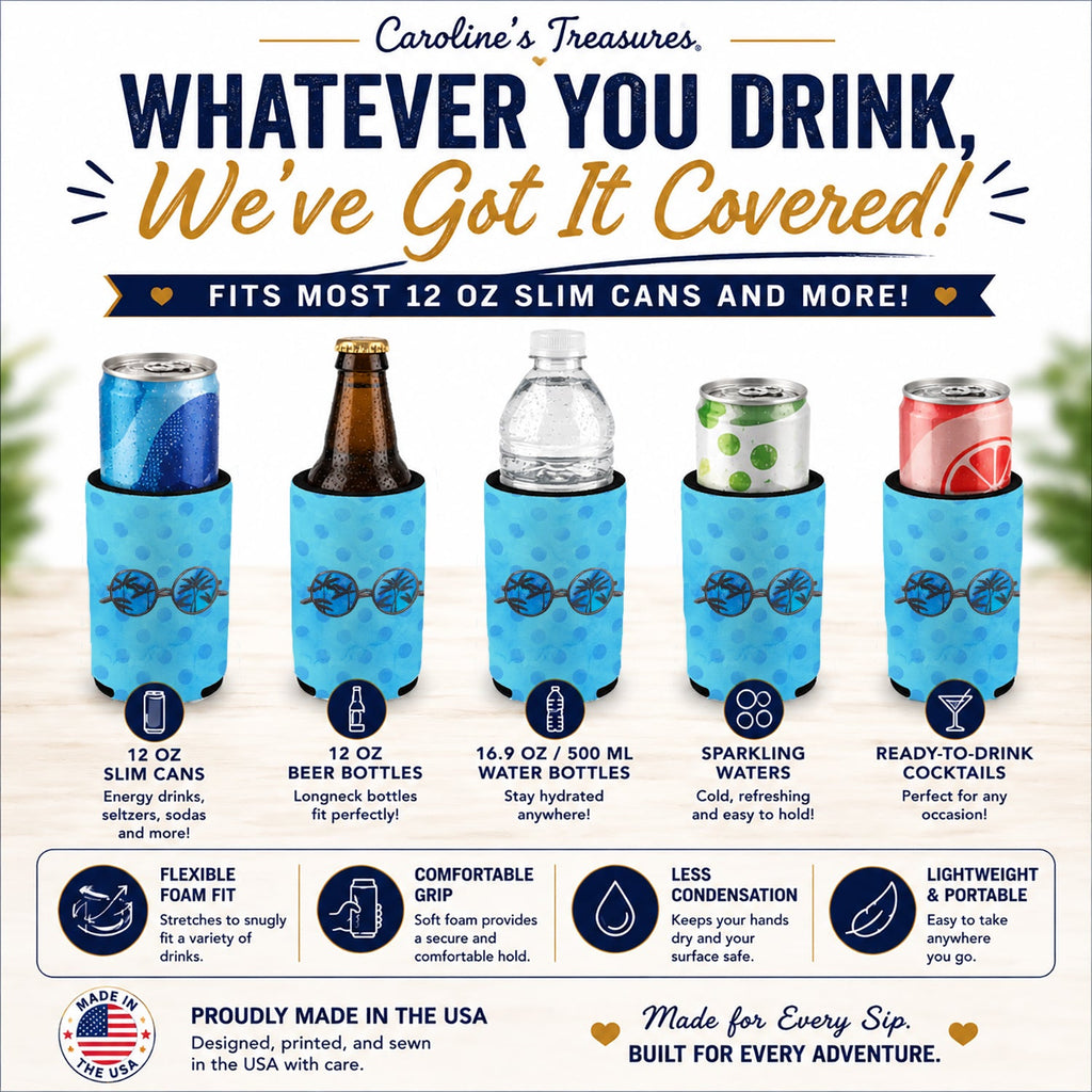 Sunglasses Blue Polkadot Slim Can Hugger  Insulated Foam Sleeve for 12 oz Slim Cans, Beer Bottles & Water Bottles, Made in USA