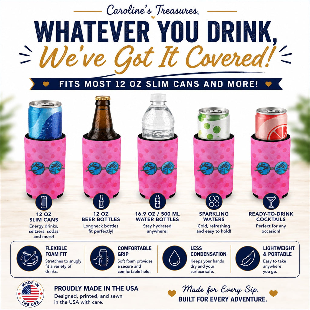 Sunglasses Pink Polkadot Slim Can Hugger  Insulated Foam Sleeve for 12 oz Slim Cans, Beer Bottles & Water Bottles, Made in USA