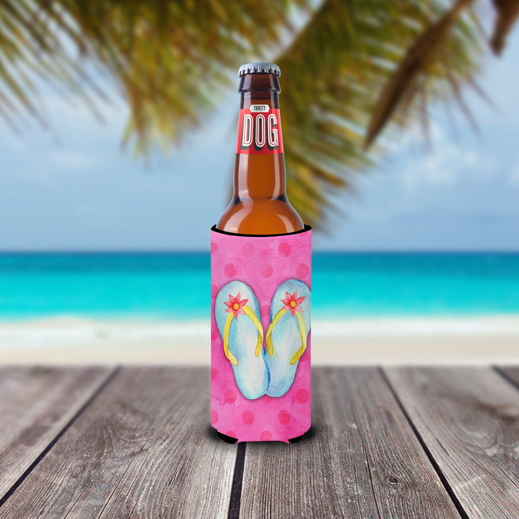 Flip Flops Pink Polkadot Slim Can Hugger , Insulated Foam Hugger for 12 oz Slim Cans, Beer Bottles & Water Bottles, Printed in USA