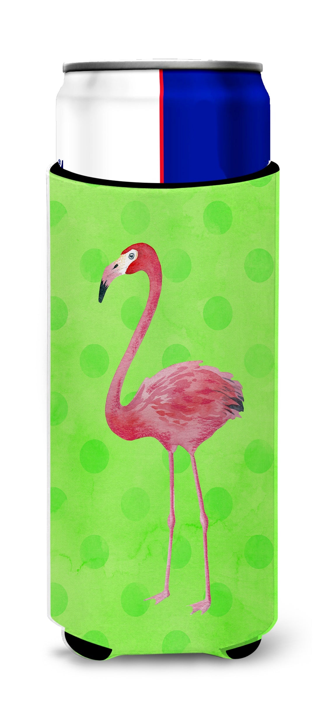 Flamingo Green Polkadot Slim Can Hugger , Insulated Foam Hugger for 12 oz Slim Cans, Beer Bottles & Water Bottles, Printed in USA