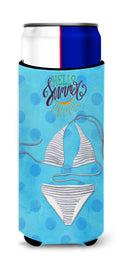Bikini Swimsuit Blue Polkadot Slim Can Hugger , Insulated Foam Hugger for 12 oz Slim Cans, Beer Bottles & Water Bottles, Printed in USA