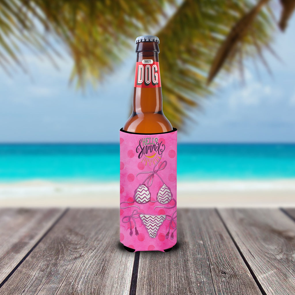 Bikini Swimsuit Pink Polkadot Slim Can Hugger , Insulated Foam Hugger for 12 oz Slim Cans, Beer Bottles & Water Bottles, Printed in USA