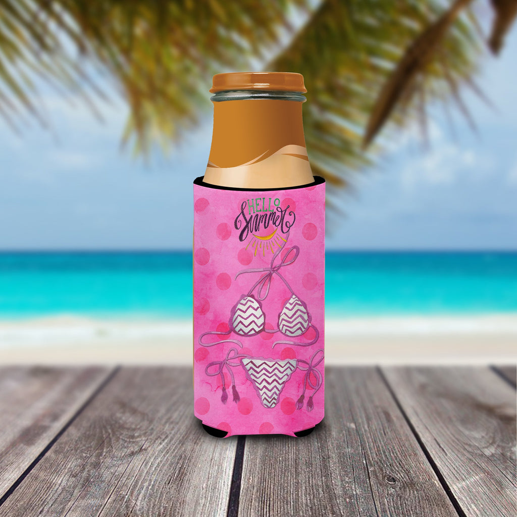 Bikini Swimsuit Pink Polkadot Slim Can Hugger , Insulated Foam Hugger for 12 oz Slim Cans, Beer Bottles & Water Bottles, Printed in USA