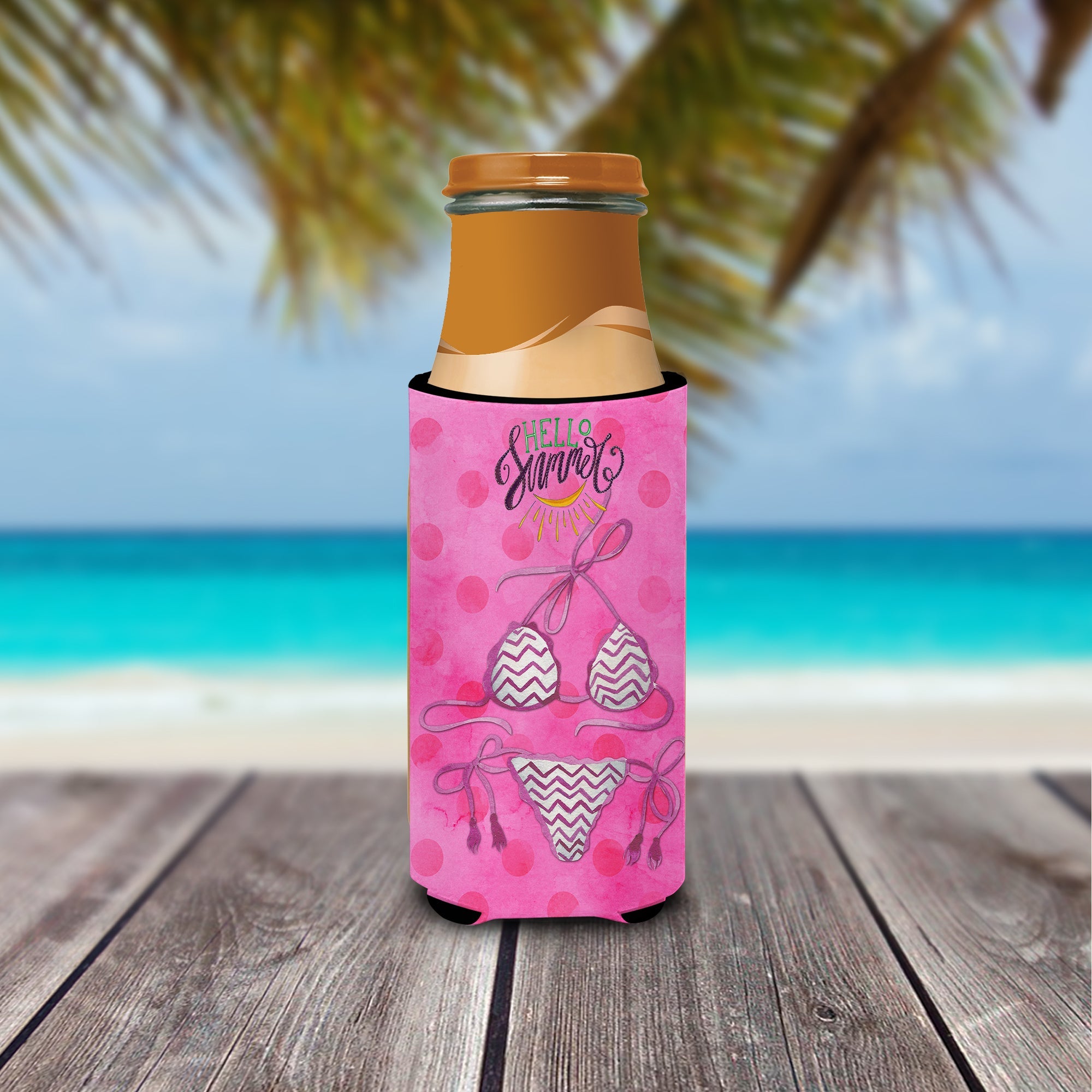 Bikini Swimsuit Pink Polkadot Slim Can Hugger , Insulated Foam Hugger for 12 oz Slim Cans, Beer Bottles & Water Bottles, Printed in USA