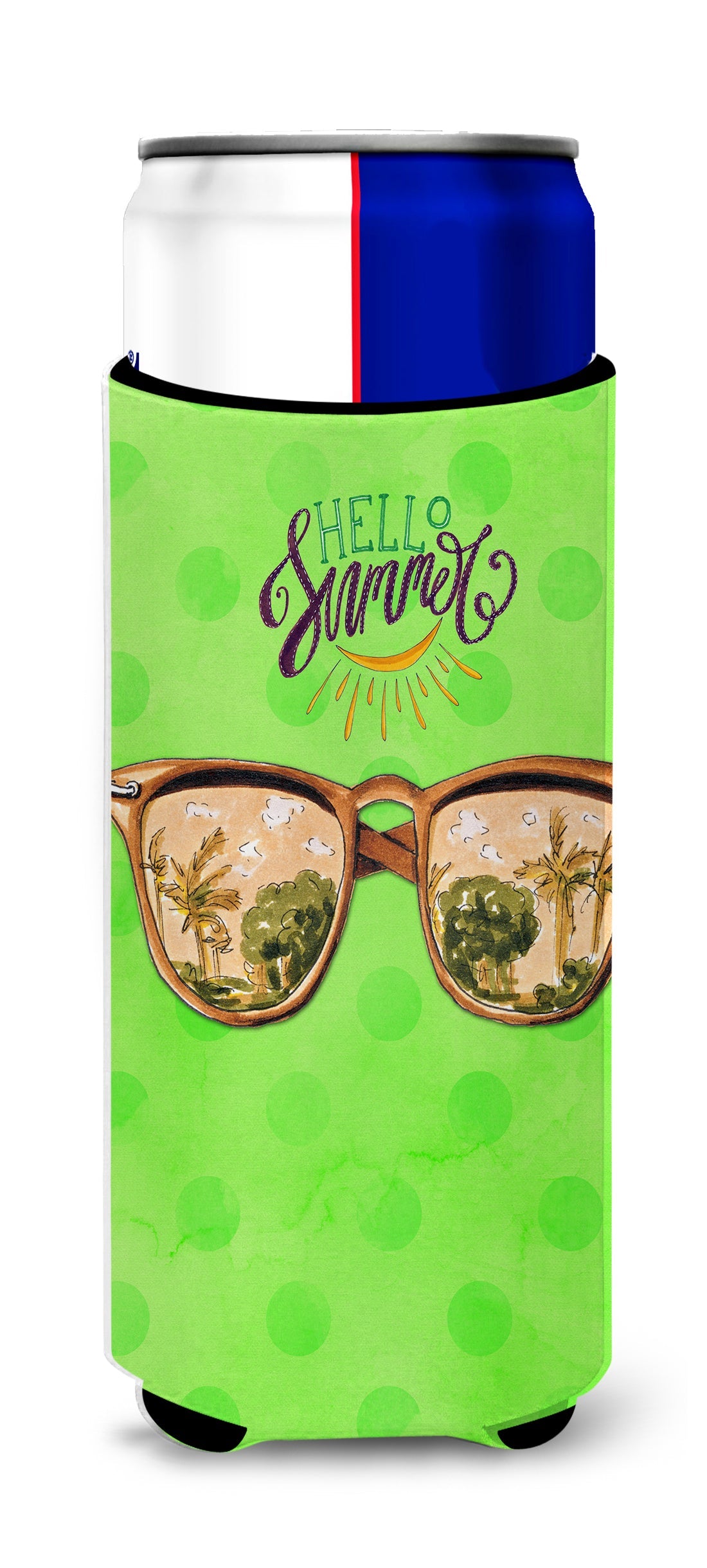 Beach Sunglasses Green Polkadot Slim Can Hugger , Insulated Foam Hugger for 12 oz Slim Cans, Beer Bottles & Water Bottles, Printed in USA