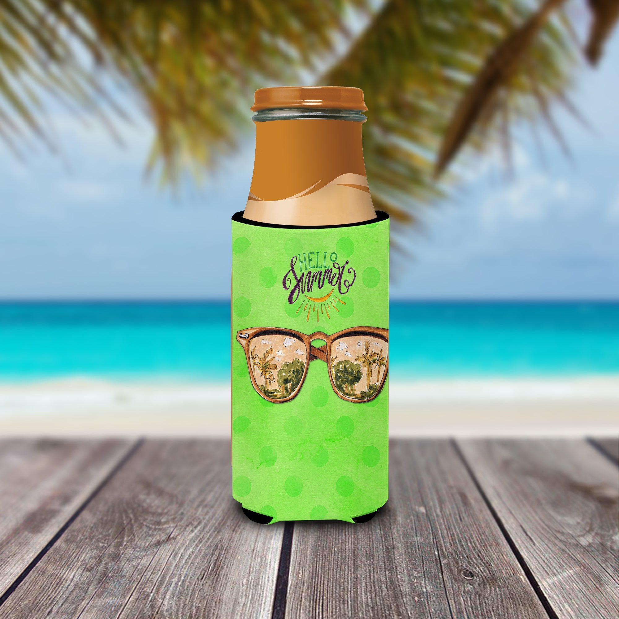 Beach Sunglasses Green Polkadot Slim Can Hugger , Insulated Foam Hugger for 12 oz Slim Cans, Beer Bottles & Water Bottles, Printed in USA