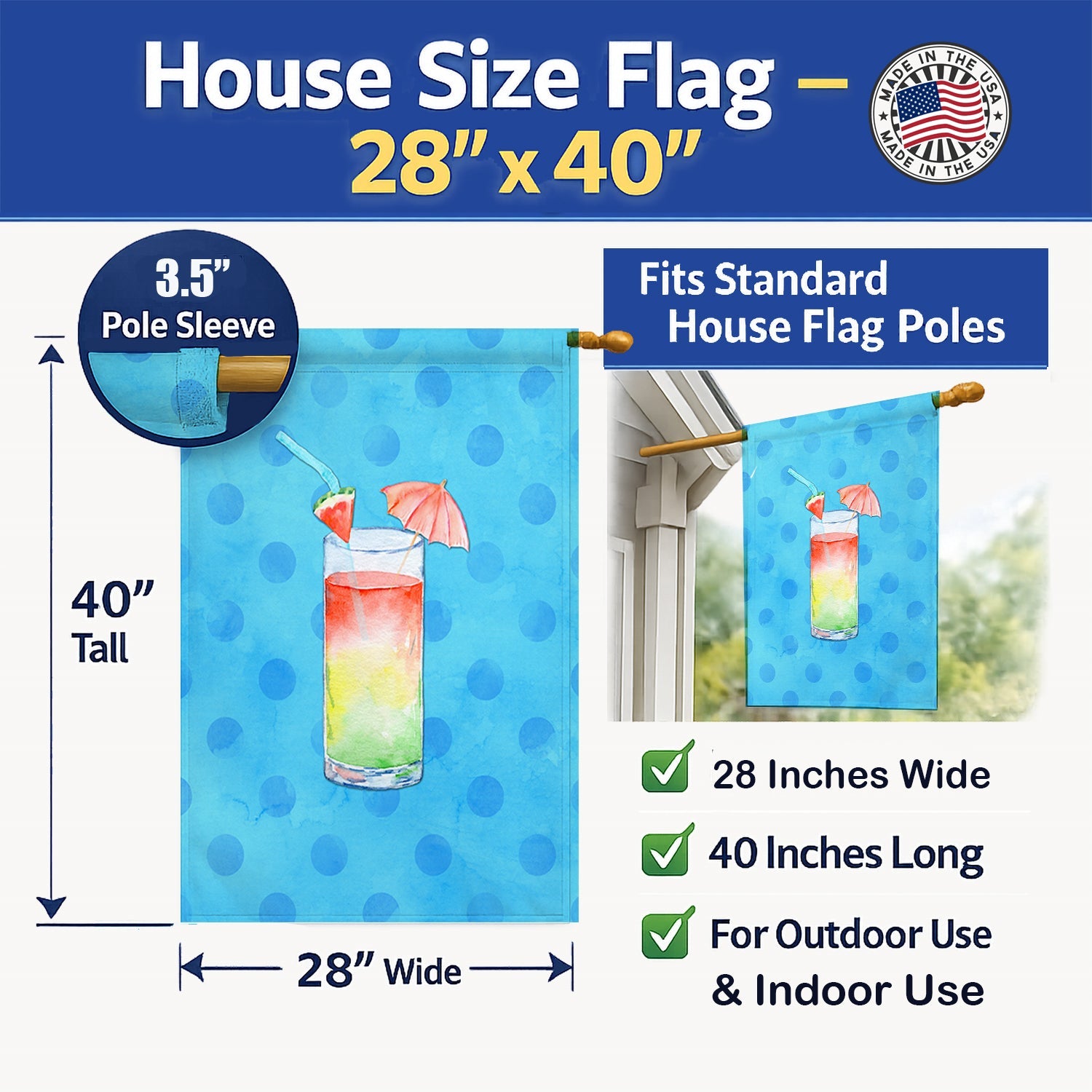 Umberella Cocktail Blue Polkadot House Flag 28x40 Porch Sleeve Pole Decorative Outside Yard Banner Artwork Wall Hanging, Polyester