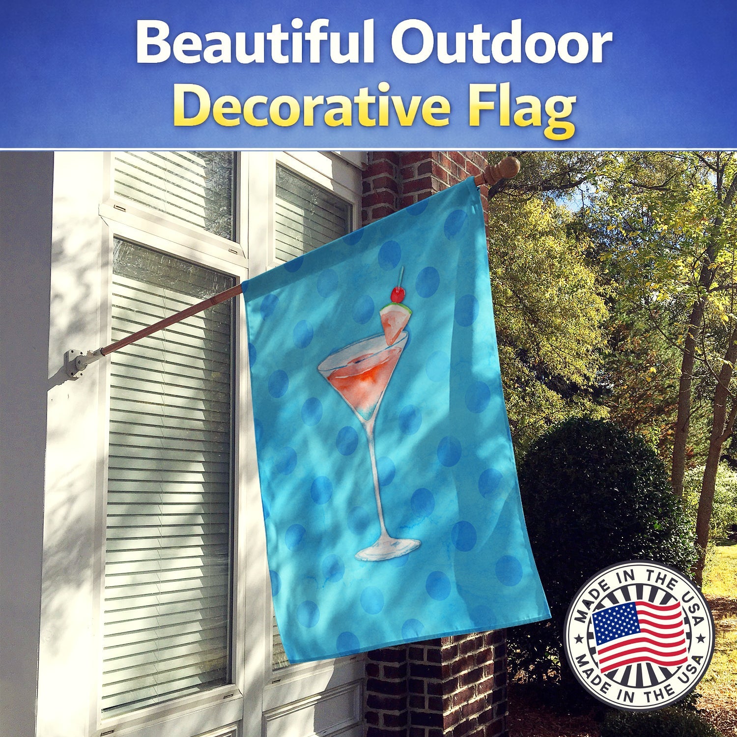 Summer Martini Blue Polkadot House Flag 28x40 Porch Sleeve Pole Decorative Outside Yard Banner Artwork Wall Hanging, Polyester