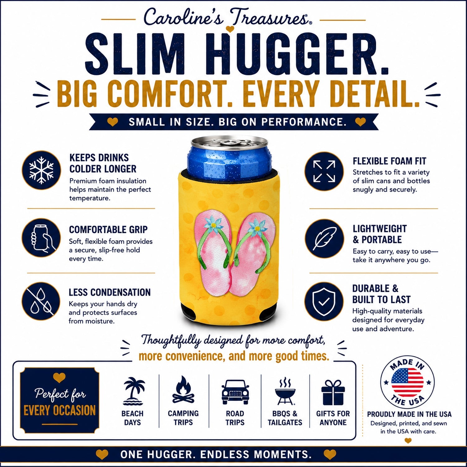 Pink Flip Flops Yellow Polkadot Slim Can Hugger  Insulated Foam Sleeve for 12 oz Slim Cans, Beer Bottles & Water Bottles, Made in USA