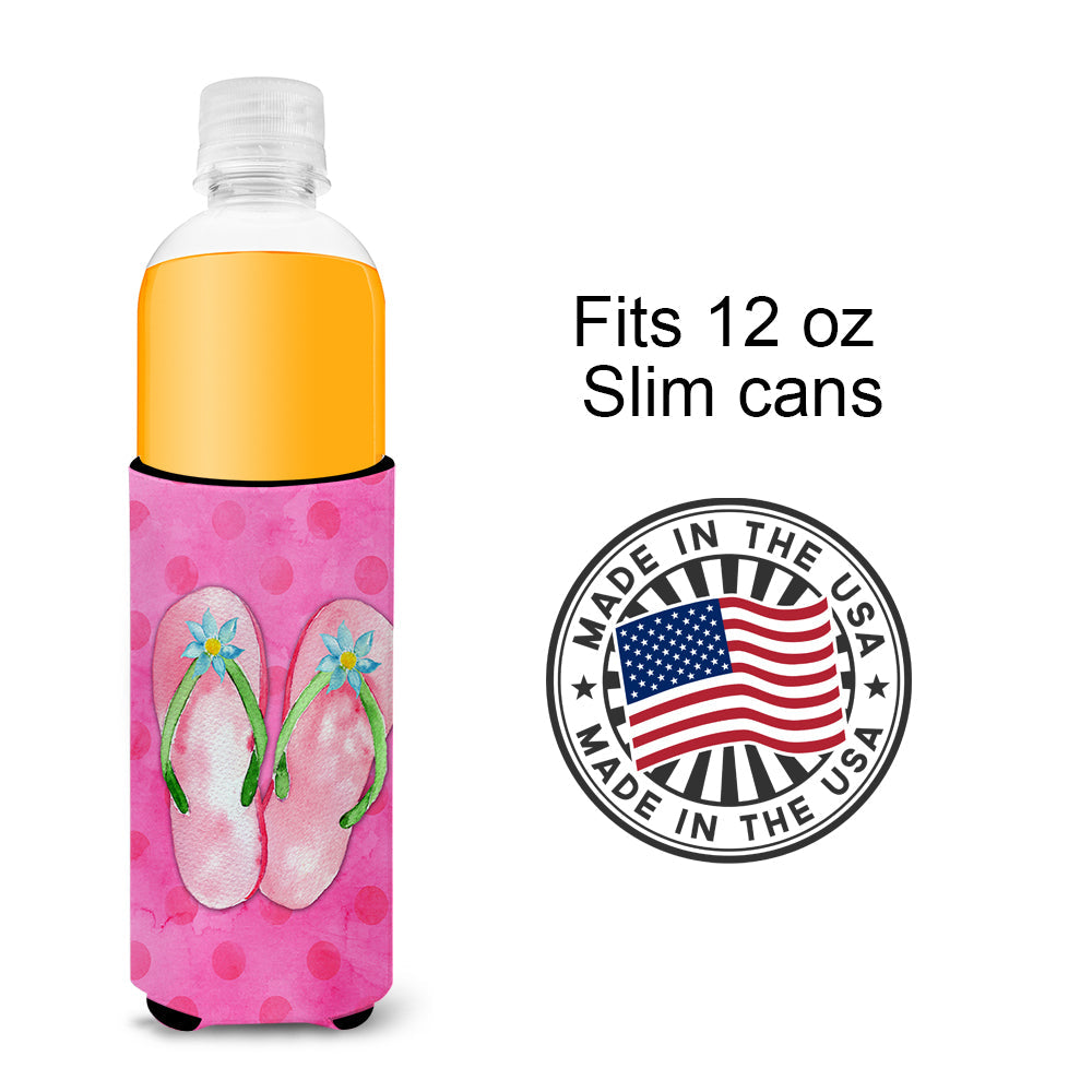 Pink Flip Flops Pink Polkadot Slim Can Hugger , Insulated Foam Hugger for 12 oz Slim Cans, Beer Bottles & Water Bottles, Printed in USA