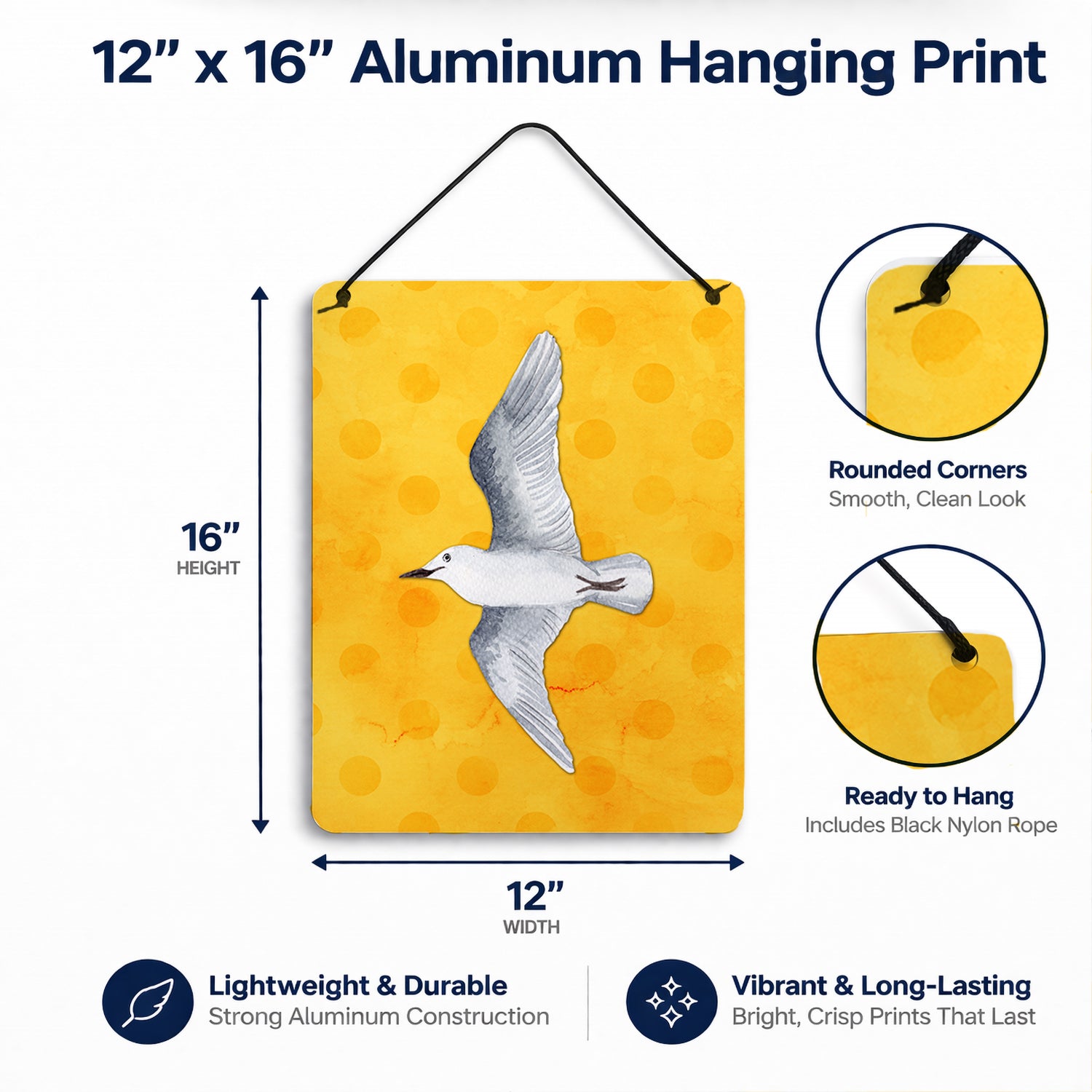 Sea Gull Yellow Polkadot Wall or Door Hanging Prints Aluminum Metal Sign Kitchen Wall Bar Bathroom Plaque Home Decor Front Door Plaque, 12x16, Multicolor