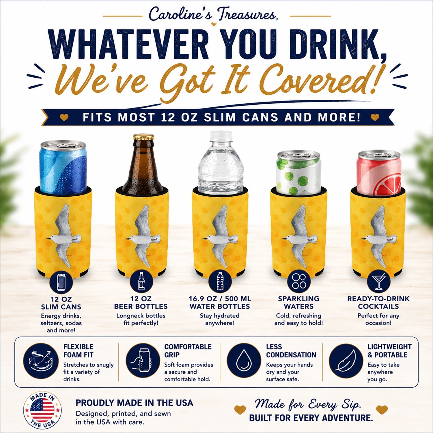 Sea Gull Yellow Polkadot Slim Can Hugger  Insulated Foam Sleeve for 12 oz Slim Cans, Beer Bottles & Water Bottles, Made in USA