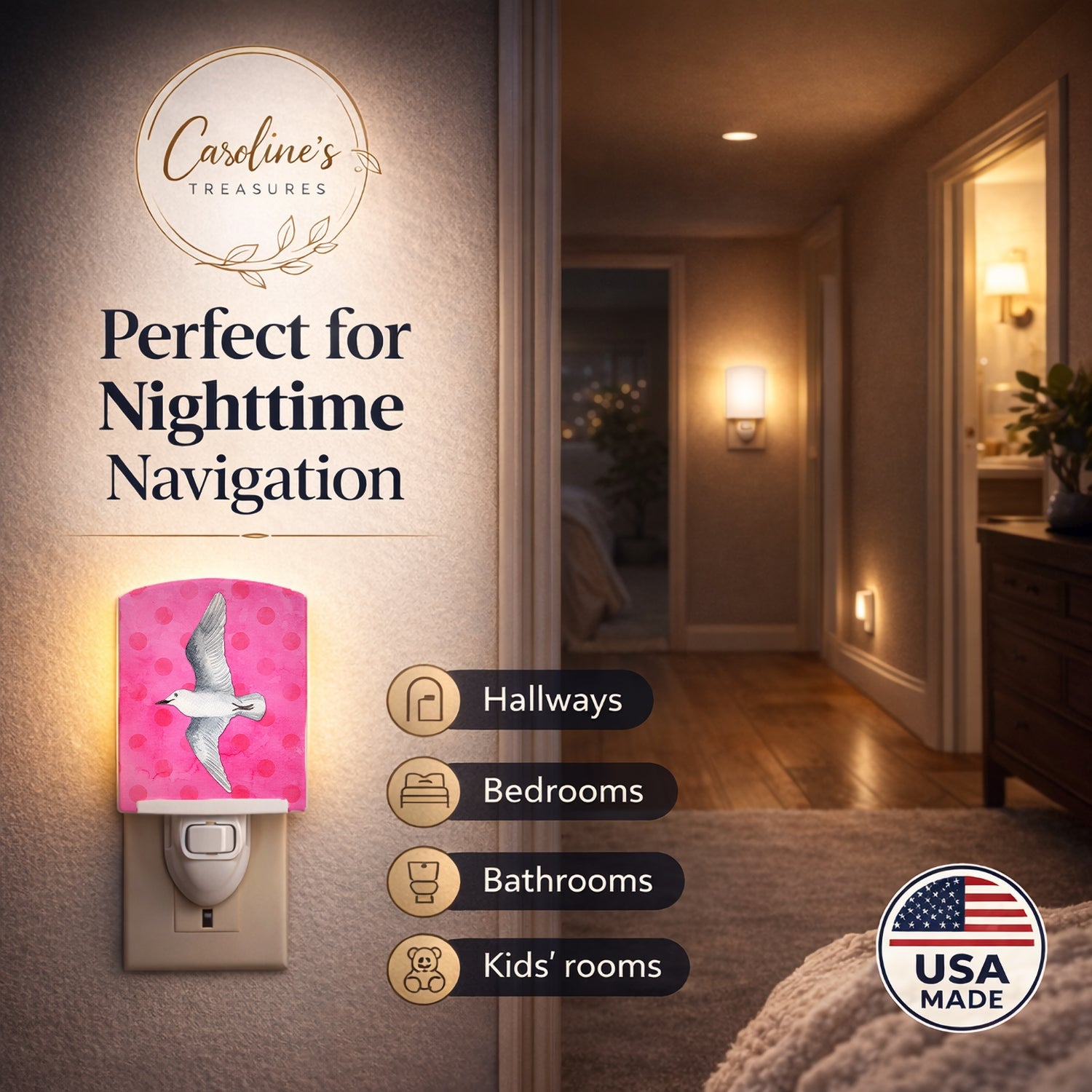 Sea Gull Pink Polkadot Ceramic Night Light Compact, UL-Certified, Ideal for Bedroom, Bathroom, Nursery, Hallway, Kitchen, 6x4x3, Multicolor
