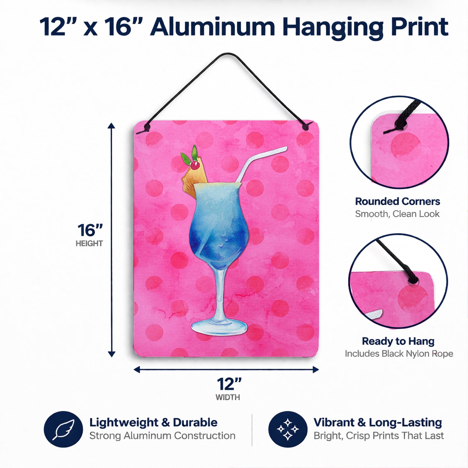 Summer Cocktail Pink Polkadot Wall or Door Hanging Prints Aluminum Metal Sign Kitchen Wall Bar Bathroom Plaque Home Decor Front Door Plaque, 12x16, Multicolor