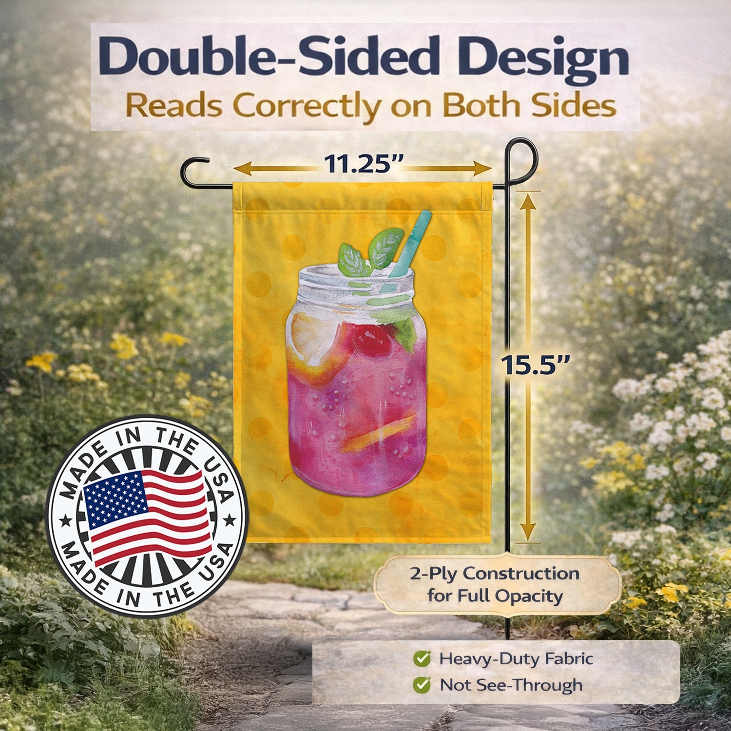 Mason Jar Cocktail Yellow Polkadot Garden Flag Mailbox Decorative Yard Banner Outside Patio Artwork for Flower Beds, Garden Size, Multicolor