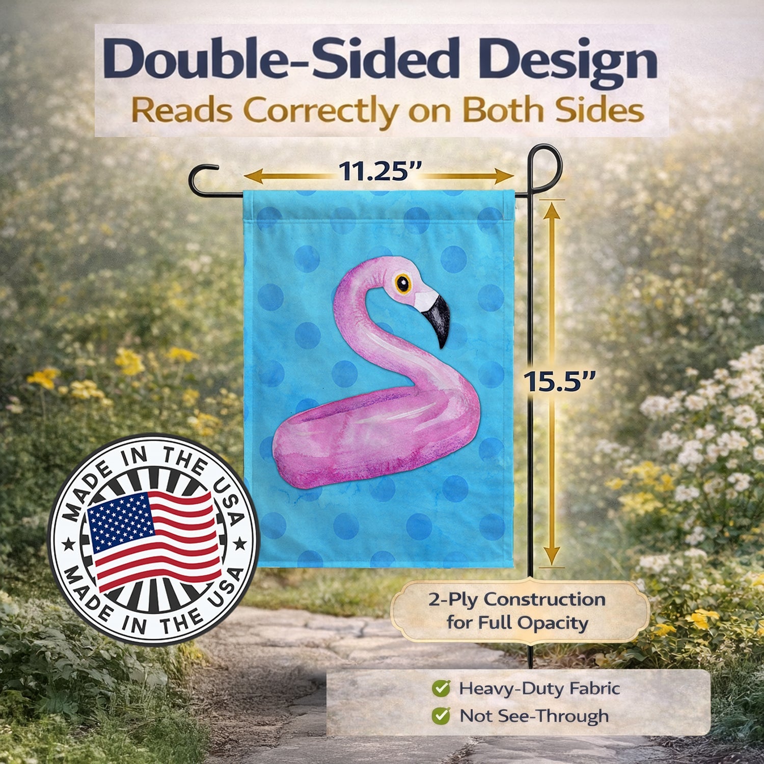 Flamingo Floaty Blue Polkadot Garden Flag Mailbox Decorative Yard Banner Outside Patio Artwork for Flower Beds, Garden Size, Multicolor