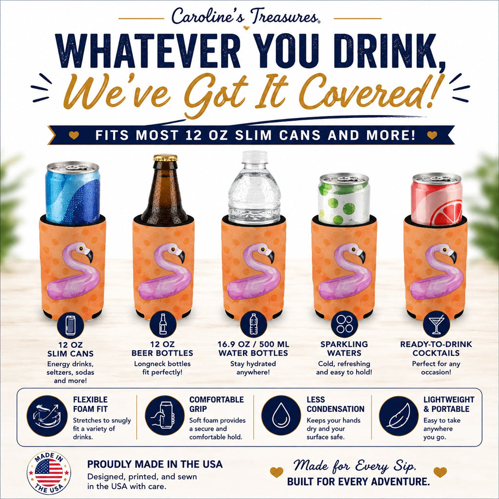 Flamingo Floaty Orange Polkadot Slim Can Hugger  Insulated Foam Sleeve for 12 oz Slim Cans, Beer Bottles & Water Bottles, Made in USA