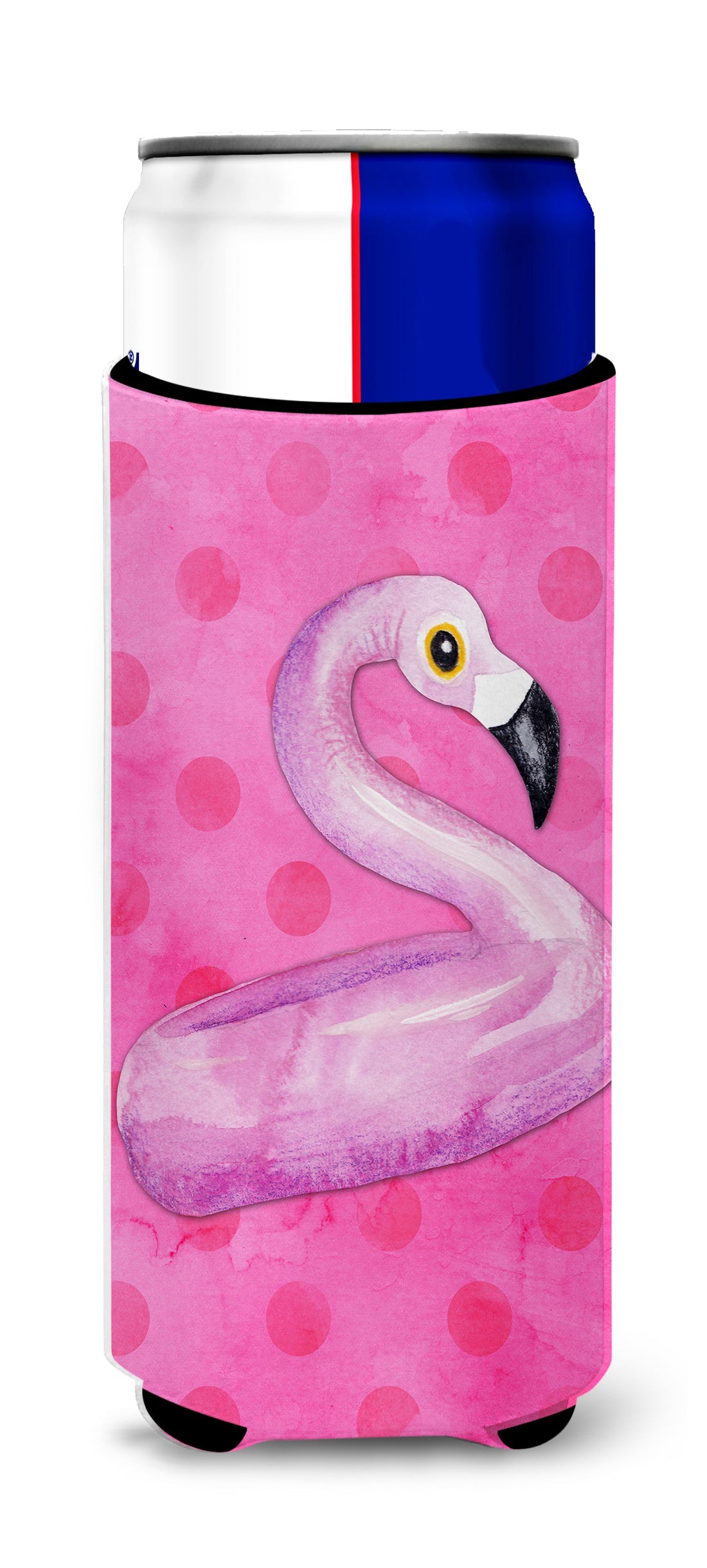 Flamingo Floaty Pink Polkadot Slim Can Hugger , Insulated Foam Hugger for 12 oz Slim Cans, Beer Bottles & Water Bottles, Printed in USA
