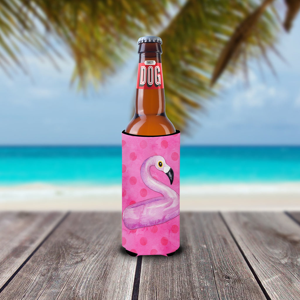 Flamingo Floaty Pink Polkadot Slim Can Hugger , Insulated Foam Hugger for 12 oz Slim Cans, Beer Bottles & Water Bottles, Printed in USA