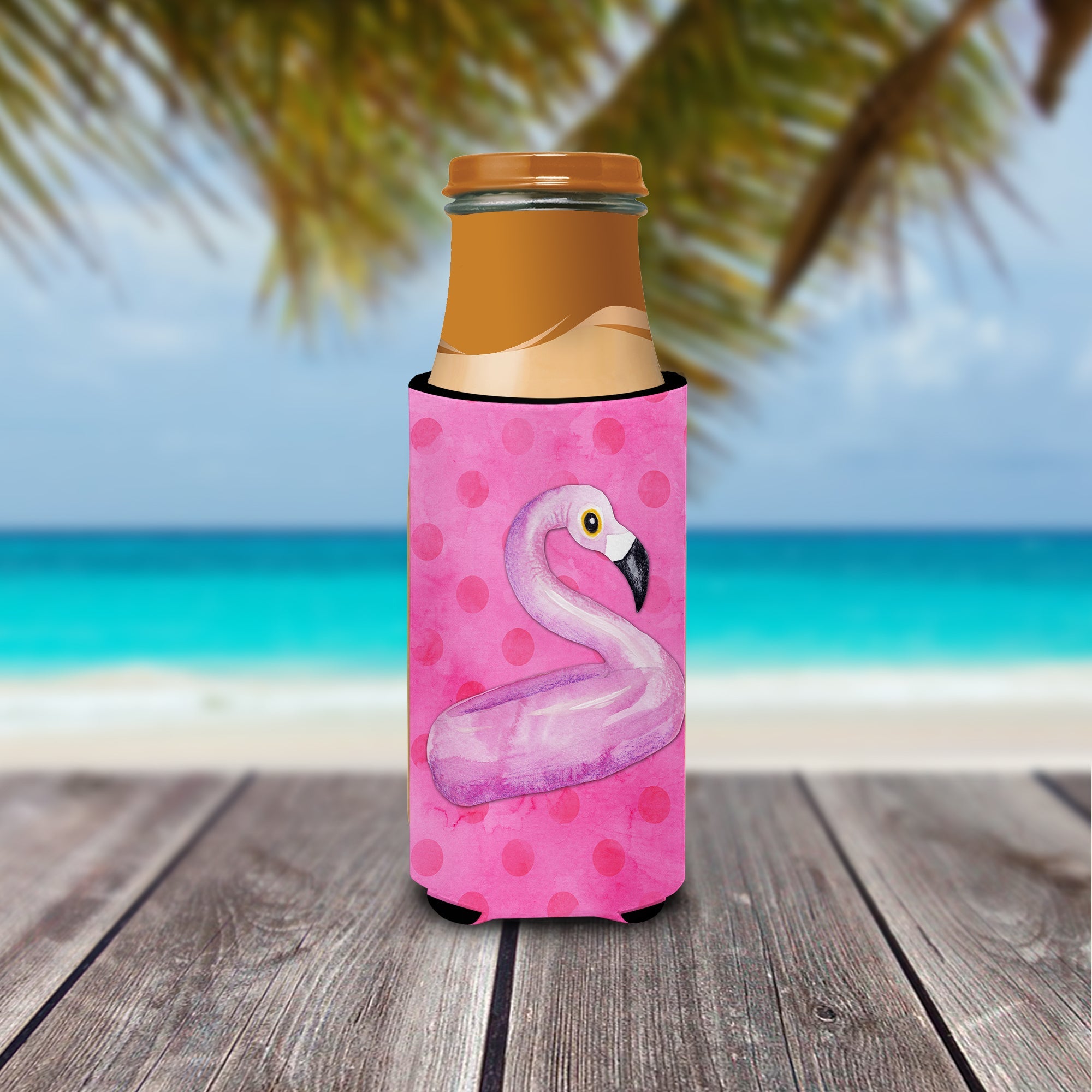 Flamingo Floaty Pink Polkadot Slim Can Hugger , Insulated Foam Hugger for 12 oz Slim Cans, Beer Bottles & Water Bottles, Printed in USA