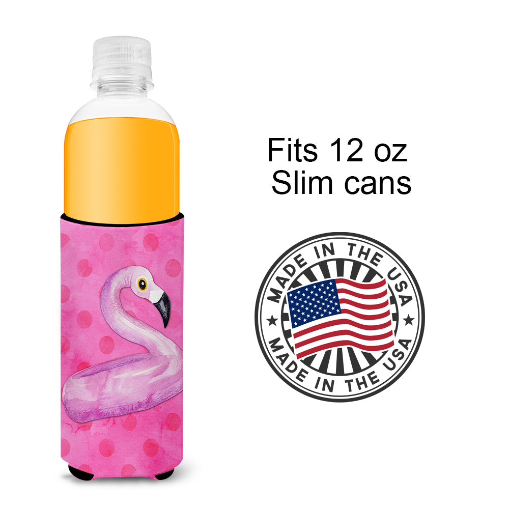Flamingo Floaty Pink Polkadot Slim Can Hugger , Insulated Foam Hugger for 12 oz Slim Cans, Beer Bottles & Water Bottles, Printed in USA