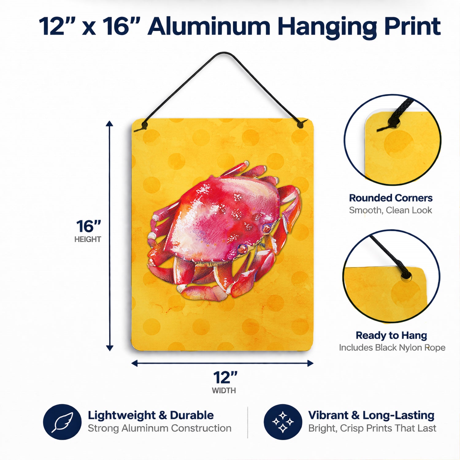 Crab Yellow Polkadot Wall or Door Hanging Prints Aluminum Metal Sign Kitchen Wall Bar Bathroom Plaque Home Decor Front Door Plaque, 12x16, Multicolor