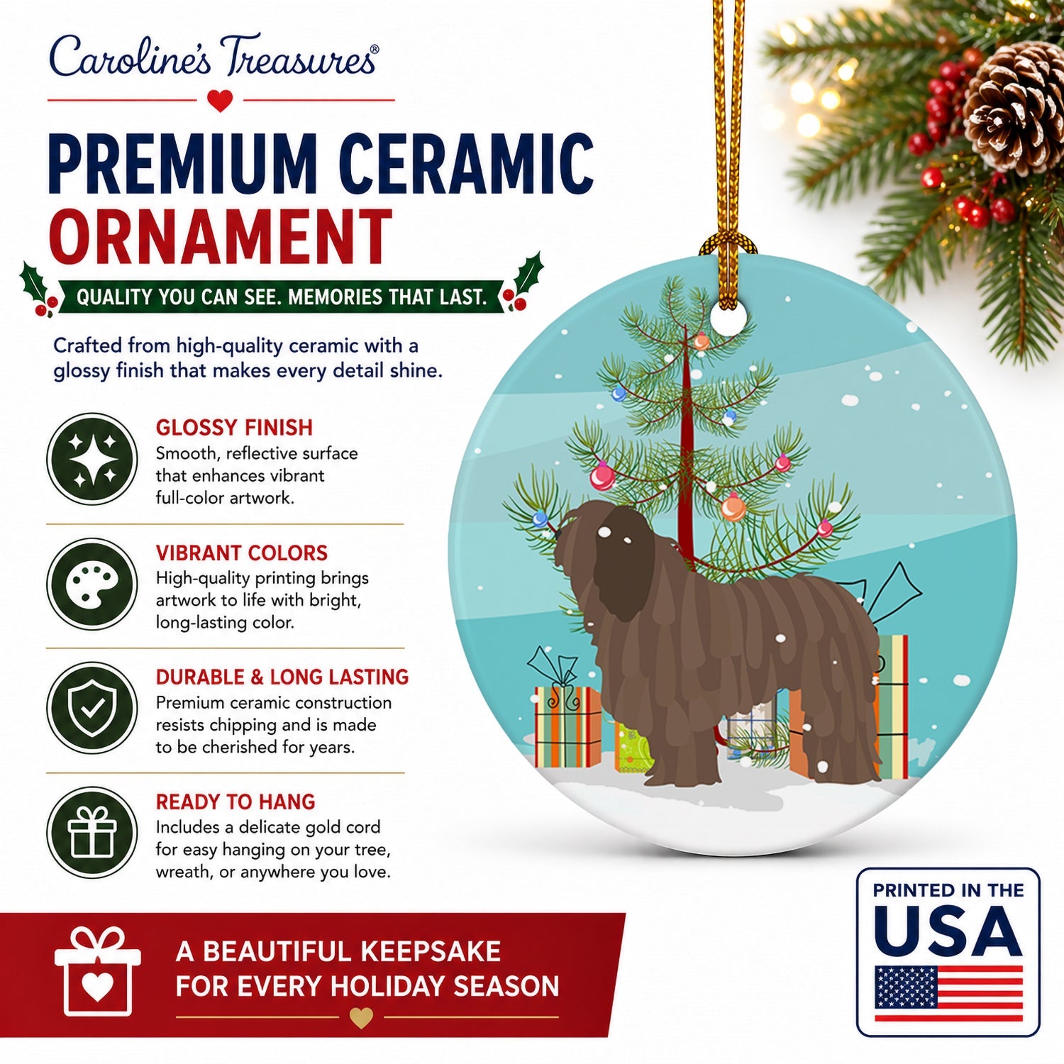 Bergamasco Shepherd Christmas Ceramic Ornament Christmas Tree Hanging Decorations for Home Christmas Holiday, Party, Gift, 3 in, Multicolor