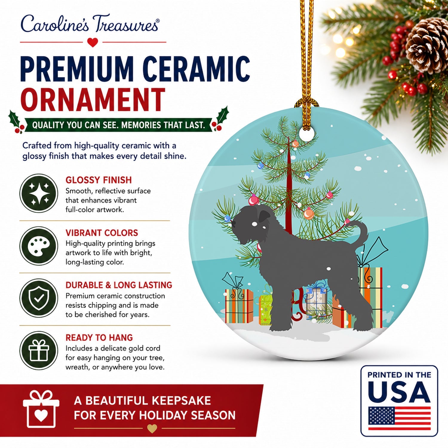 Black Russian Terrier Christmas Ceramic Ornament Christmas Tree Hanging Decorations for Home Christmas Holiday, Party, Gift, 3 in, Multicolor