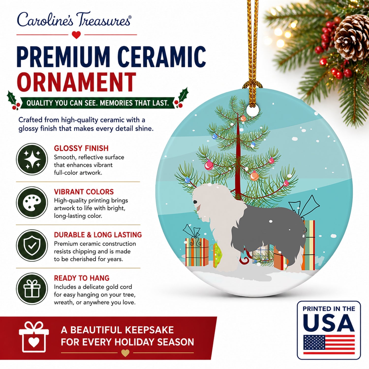 Old English Sheepdog Christmas Ceramic Ornament Christmas Tree Hanging Decorations for Home Christmas Holiday, Party, Gift, 3 in, Multicolor