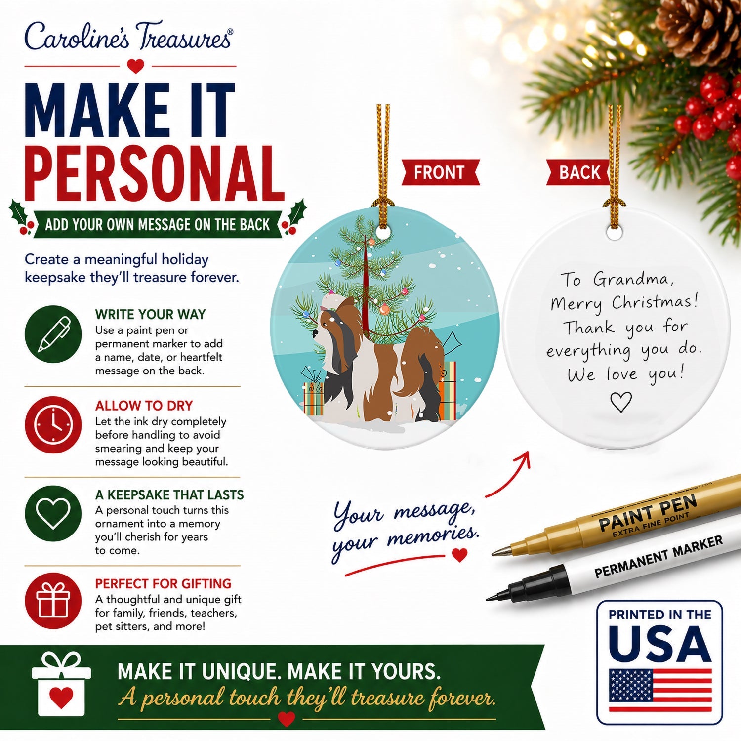 Biewer Terrier Christmas Ceramic Ornament Christmas Tree Hanging Decorations for Home Christmas Holiday, Party, Gift, 3 in, Multicolor