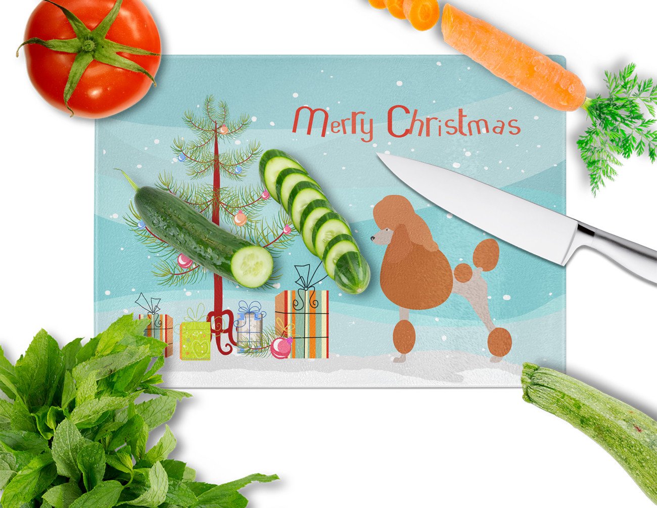 Royal Poodle Christmas Cutting Board Tempered Glass Kitchen Cutting Surface, Heat Resistant Chopping, Non-Slip Feet, Food Prep & Serving