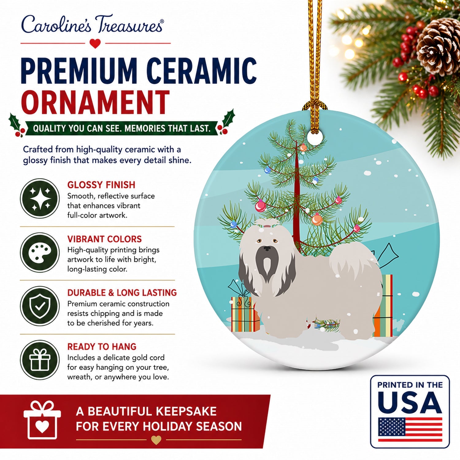 Lhasa Apso Christmas Ceramic Ornament Christmas Tree Hanging Decorations for Home Christmas Holiday, Party, Gift, 3 in, Multicolor