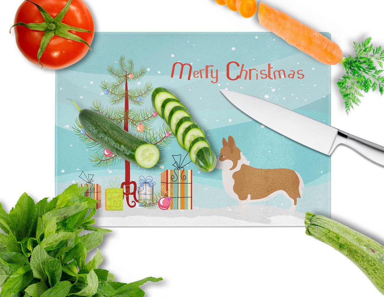 Pembroke Welsh Corgi Christmas Cutting Board Tempered Glass Kitchen Cutting Surface, Heat Resistant Chopping, Non-Slip Feet, Food Prep & Serving